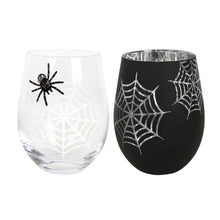 Load image into Gallery viewer, Set of 2 Spider and Web Stemless Wine Glasses
