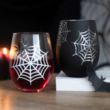 Load image into Gallery viewer, Set of 2 Spider and Web Stemless Wine Glasses