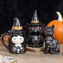 Load image into Gallery viewer, FRIGHTFUL FOLK BLACK CAT LIDDED MUG

